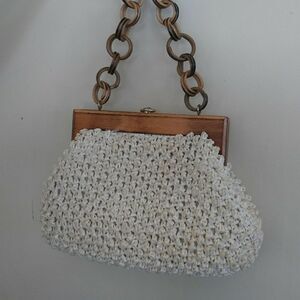 Vintage Crochet Purse with Wood Frame and Handle